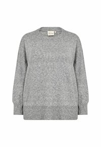 Pull en maille gris avec un col ras du cou, coupe ample, poignets et ourlet côtelés, présentant une texture subtile et de petites touches de couleur.