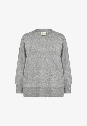 Grå strikket sweater med rund hals, løs pasform, ribbede manchetter og kant, med subtil tekstur og små nister overalt.