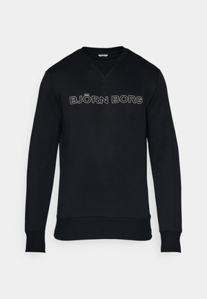 Black sweatshirt featuring a crew neckline, ribbed cuffs, and hem. Front displays the text "BJÖRN BORG" in white outline. Soft fabric texture.