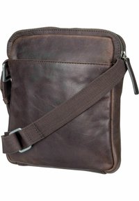 Borsa a tracolla in pelle marrone con chiusura lampo, tasca frontale piatta e tracolla in tessuto regolabile. Superficie testurizzata con finitura liscia.
