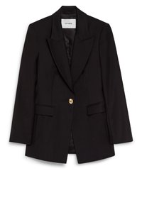 Black single-button blazer with notch lapels, two front flap pockets, and smooth inner lining, labeled "IVY OAK."