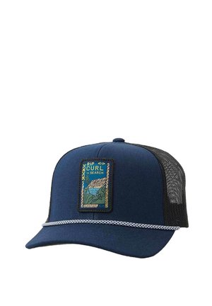 Navy blue cap with mesh back, curved brim, decorative patch featuring a landscape, and a white decorative band along the brim's edge.