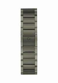 Gunmetalgrauer Metallarmband mit polierten und gebürsteten rechteckigen Gliedern, ausgestattet mit einem dezenten "Gc"-Logo auf dem zentralen Verschluss.