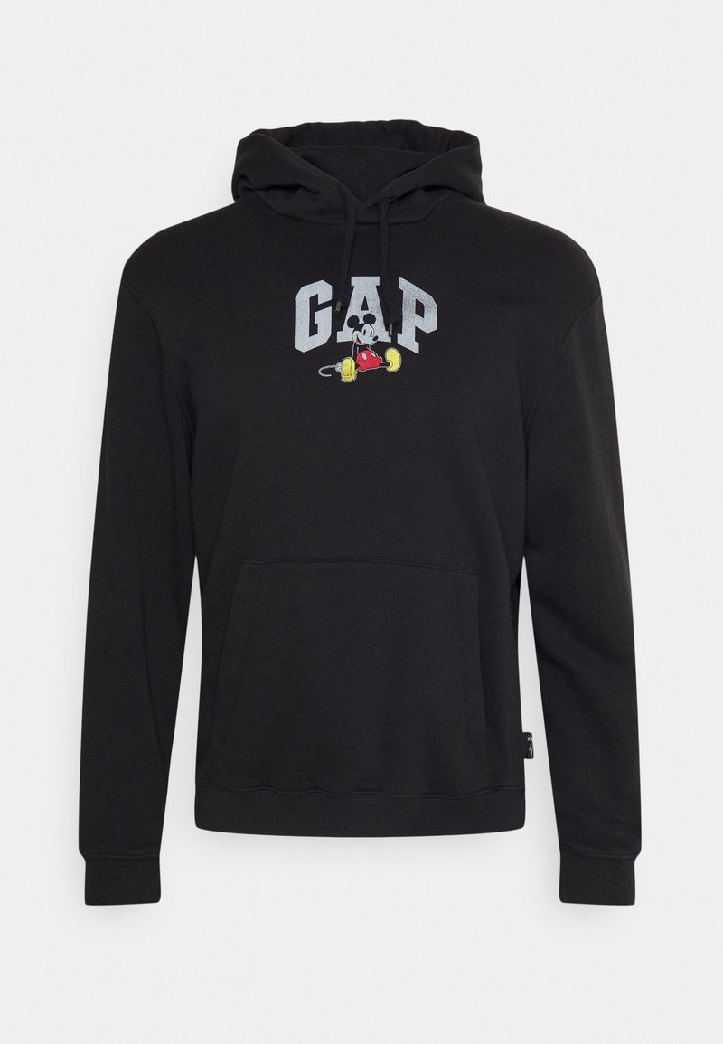 Sudadera negra de algodón con la palabra "GAP" y un personaje de dibujos animados con un traje rojo y zapatos amarillos, bolsillo frontal y capucha con cordón.