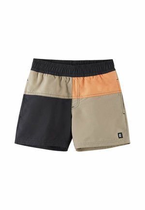 Szorty z blokami kolorystycznymi z elastyczną czarną talią, z beżowymi, pomarańczowymi i czarnymi panelami materiałowymi oraz małym logo na dolnej prawej nogawce.