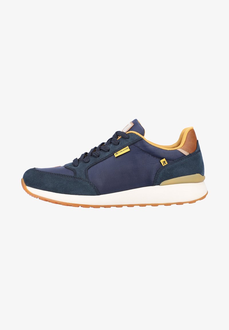 Navy blue athletic shoe with suede and mesh materials, tan accents, and a light gum rubber sole. Features round laces and branding details.