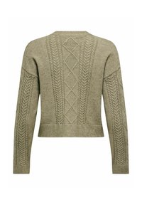 Pull en maille vert olive avec un design court, présentant des motifs en câbles texturés et un col rond. Accentué par des poignets et un ourlet côtelés.