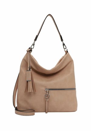 Weiche, tanfarbene Ledertasche mit lässigem Design, verstellbarem Schulterriemen, Reißverschlussfach vorne und dekorativem Quaste-Detail.