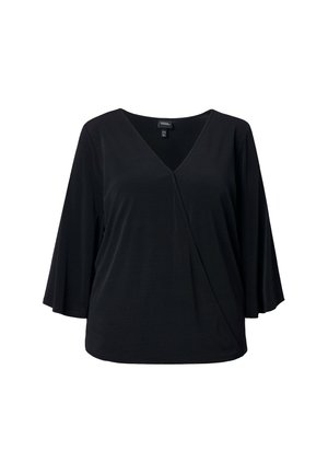 Top nero con scollo a V, design incrociato e maniche a campana lunghe. Realizzato in tessuto morbido, presenta una vestibilità ampia e una texture liscia.
