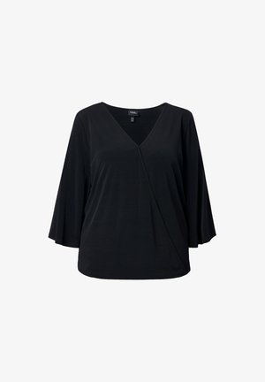 Mustat yläosa, jossa on V-pääntie, ristiinlaitettu muotoilu ja pitkät kellohihat. Valmistettu pehmeästä kankaasta, siinä on löysä istuvuus ja sileä pintakuvio.