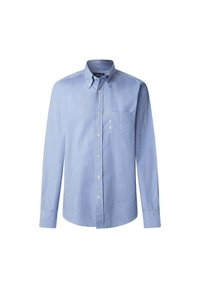 Lichtblauwe, lange mouwen button-up shirt, met een puntige kraag, enkele borstzak en een soepele katoenstructuur.