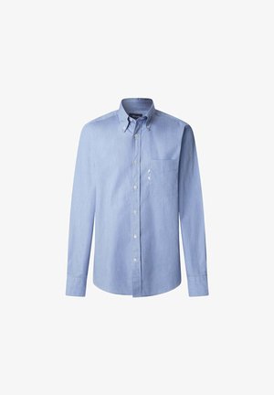 Lichtblauwe, lange mouwen button-up shirt, met een puntige kraag, enkele borstzak en een soepele katoenstructuur.