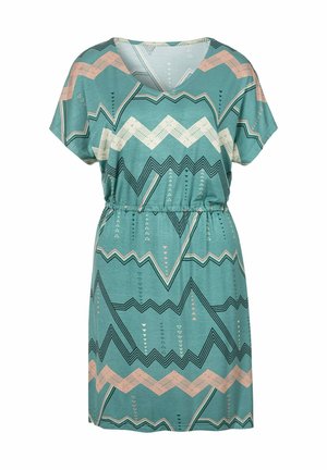 Kurzärmliges türkisfarbenes Kleid mit Zickzackmustern in Schwarz und hellem Pfirsich. Verfügt über einen elastischen Bund für einen gerafften Effekt. Weiche Stofftextur.