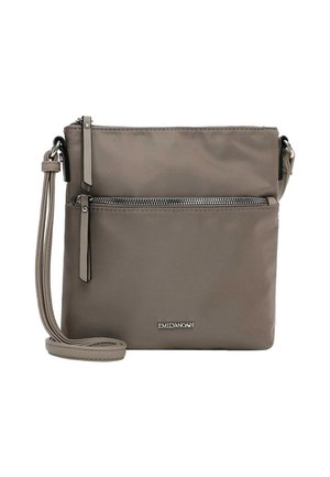 Taupefarbene Umhängetasche mit verstellbarem Riemen, vorderer Reißverschlusstasche und silbernem Emily & Noah Logo auf glattem Stoff.