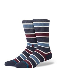 Baumwollsocken mit Streifen in Marineblau, Hellblau, Burgunderrot und Weiß. Gerippte Textur mit kontrastierendem Zehen- und Fersenbereich in Marineblau.