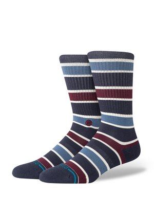 Cotton socks featuring navy, light blue, burgundy, and white stripes. Ribbed texture with contrasting toe and heel in navy.