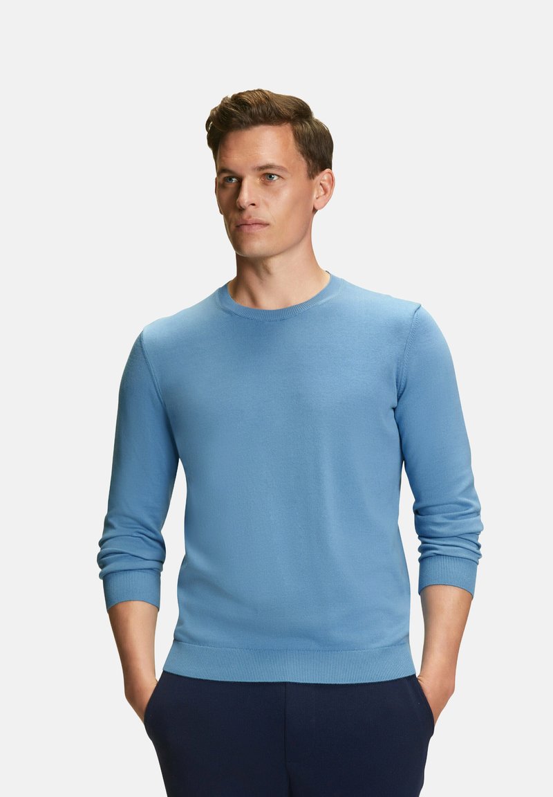Maglione azzurro chiaro a girocollo con maniche lunghe e polsini a coste. Texture morbida con un design attillato, indossato con le mani in tasca.