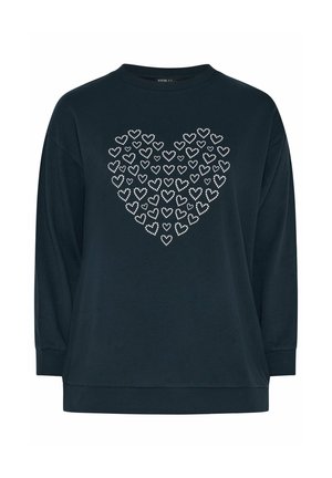 Donkerblauw sweatshirt met een grote hartvorm gemaakt van kleine witte gestippelde hartjes in het midden van de borst, met lange mouwen en geribde manchetten.