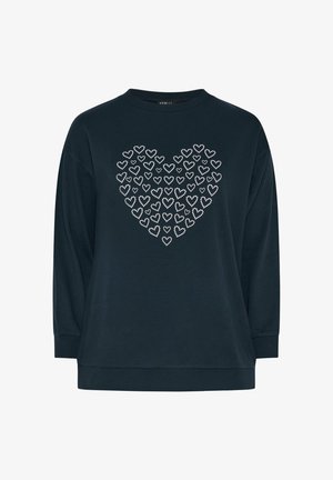 Dark navy sweatshirt with a large heart shape made of small white dotted hearts centered on the chest, featuring long sleeves and ribbed cuffs.