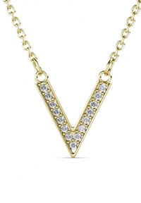 Collana d'oro con pendente a forma di "V" decorato con cristalli trasparenti lungo i bordi; maglie della catena delicate completano il design.
