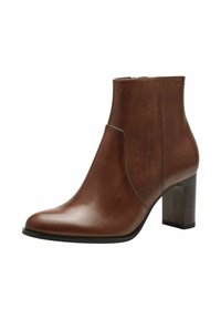 Braune Leder-Ankle-Boots mit runder Zehenform, seitlichem Ausschnitt und mittelhohem Blockabsatz. Die glatte Textur unterstreicht das elegante Design.