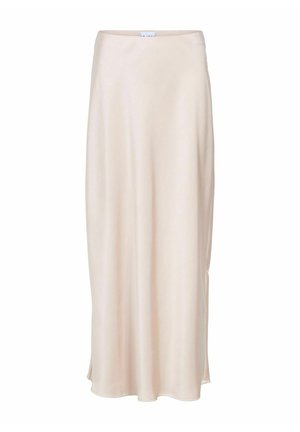 Lys beige maxi skjørt laget av myk, glatt stoff. Har et enkelt, flytende design med en lett utsvingt kant og ingen synlige dekorasjoner.