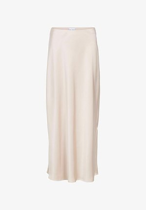 Vaaleanbeige maksihame, joka on valmistettu pehmeästä ja sileästä kankaasta. Hameessa on yksinkertainen, laskeutuva malli, jossa on hieman leveähelma ja ei näkyviä koristeita.