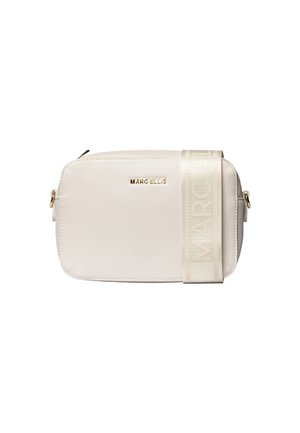 Small rectangular cream crossbody bag with gold zipper and "Marc Ellis" logo in gold lettering on front. Strap has branded text.