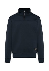 Marineblaue Sweatshirt mit hohem Kragen, halber Reißverschluss und gerippten Bündchen. Verfügt über ein kleines Logopatch auf der unteren linken Seite. Weicher Stoff.