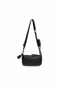 Schwarze Umhängetasche aus strukturiertem Material. Mit Reißverschlussverschluss, verstellbarem Trageriemen und abnehmbarer Münztasche. Schlichtes rechteckiges Design.