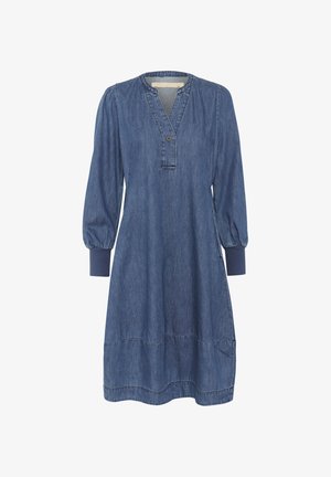 Sukienka jeansowa z dekoltem w serek, detalami w postaci guzików, długimi bufkami i marszczonym dołem. Miękka niebieska tkanina o gładkiej fakturze.