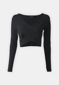 Black ribbed long-sleeve top featuring a wrap design and cropped length. Made from stretchable fabric with a smooth texture and solid color.