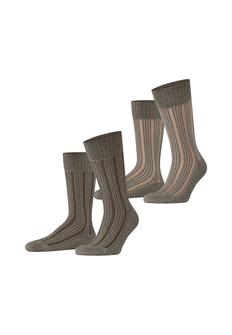 Vier Paare Socken mit einer Mischung aus einfarbigen und gestreiften Designs. Die Farben umfassen Dunkelbraun und Beige. Das Material scheint gestrickt und mit einer gerippten Textur versehen zu sein.