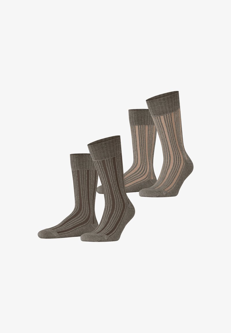 Vier Paare Socken mit einer Mischung aus einfarbigen und gestreiften Designs. Die Farben umfassen Dunkelbraun und Beige. Das Material scheint gestrickt und mit einer gerippten Textur versehen zu sein.