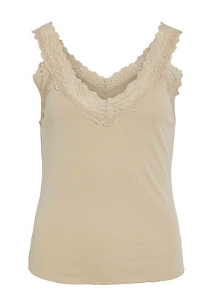 Beige ribgebreide mouwloze top met brede kanten rand langs de V-hals en schouders, aangesloten model.