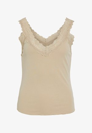 Beiges, geripptes ärmelloses Oberteil mit breiter Spitzenkante entlang des V-Ausschnitts und der Schultern, figurbetonter Stil.