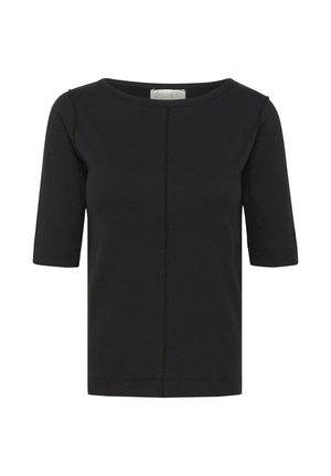Top nero a maniche corte con scollo rotondo e cucitura centrale visibile sul davanti, realizzato in tessuto a coste.