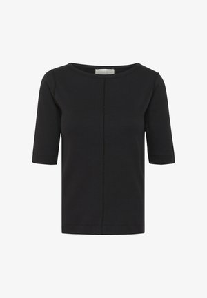 Top nero a maniche corte con scollo rotondo e cucitura centrale visibile sul davanti, realizzato in tessuto a coste.