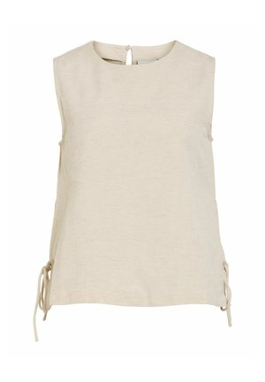 Bež top od lana bez rukava, okruglog izreza, zatvaranje na gumbe straga i podesive bočne vrpce na rubu.