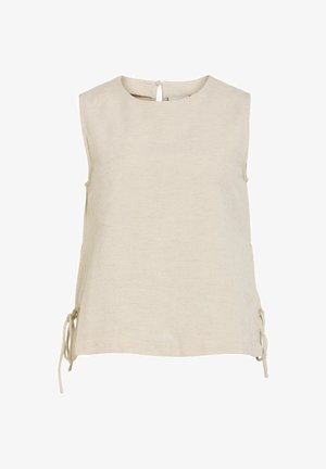 Ermeløs beige lin topp med rund hals, knappelukking bak og justerbare sidestropper nederst.