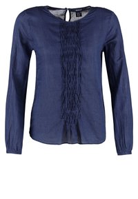 Mörkblå långärmad blus med texturerad frampanel och knappstängning med nyckelhål vid bakhalsen.