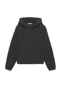 Sötétszürke kötött pulóver széles nyakkivágással és kapucnival. Bordázott mandzsettákkal és texturált mintázattal az egész anyagon.