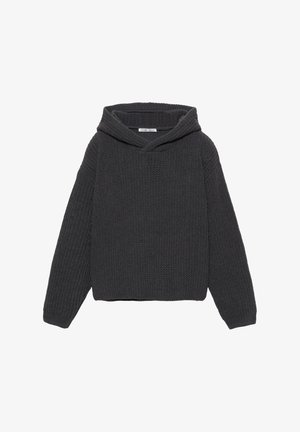 Pulover tricotat gri închis cu guler larg și glugă. Dispune de mansete drepte și un model texturat pe întreaga suprafață a țesăturii.