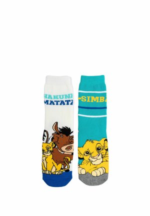 Two colorful socks featuring Lion King characters: one with Timon and Pumbaa and "Hakuna Matata" text, the other with Simba and striped patterns.
