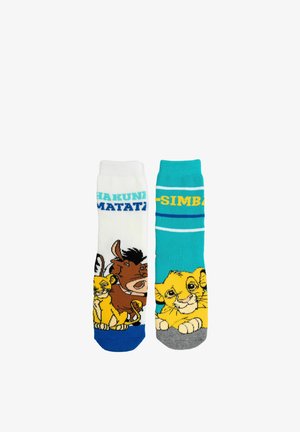 Due calzini colorati con i personaggi del Re Leone: uno con Timon e Pumbaa e la scritta "Hakuna Matata", l'altro con Simba e motivi a righe.