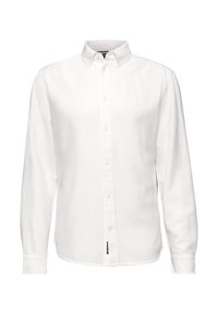 Weißes Langarmhemd mit Button-Down-Kragen, vorderen Knöpfen und strukturiertem Stoff. Mit einem Etikett an der Seite.