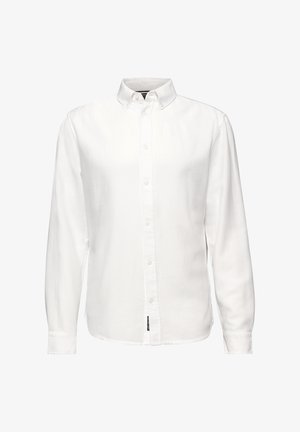 Weißes Langarmhemd mit Button-Down-Kragen, vorderen Knöpfen und strukturiertem Stoff. Mit einem Etikett an der Seite.