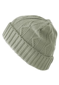 Beanie lavorato a maglia di colore verde chiaro, con un bordo a coste e modelli testurizzati sulla parte superiore, realizzato in un materiale morbido e morbido.