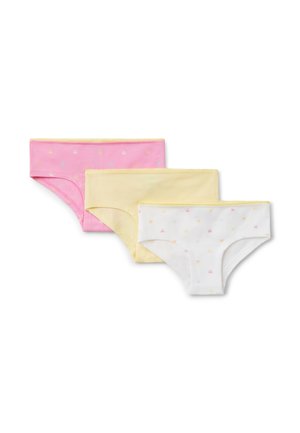 Tre paia di slip in cotone rosa, giallo e bianco, con piccoli stampini di polpo colorati e bande in vita smerlate.