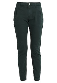 Pantaloni slim-fit verde scuro realizzati in un morbido misto cotone, con tasche frontali e chiusura con bottone in vita.